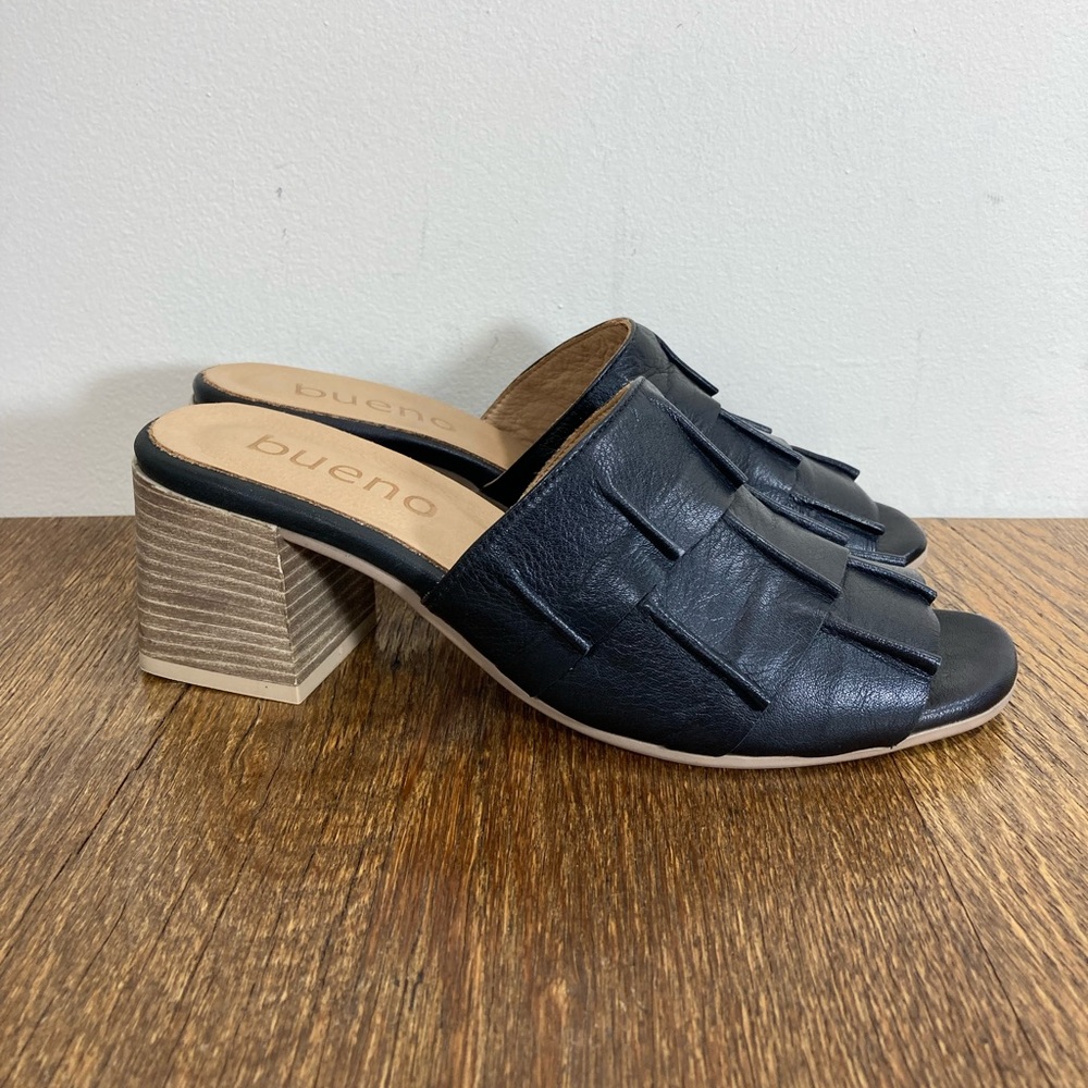 Bueno Black Leather Block Heel Slide Sandal Womens Size EU 38 fits US 7.5-8